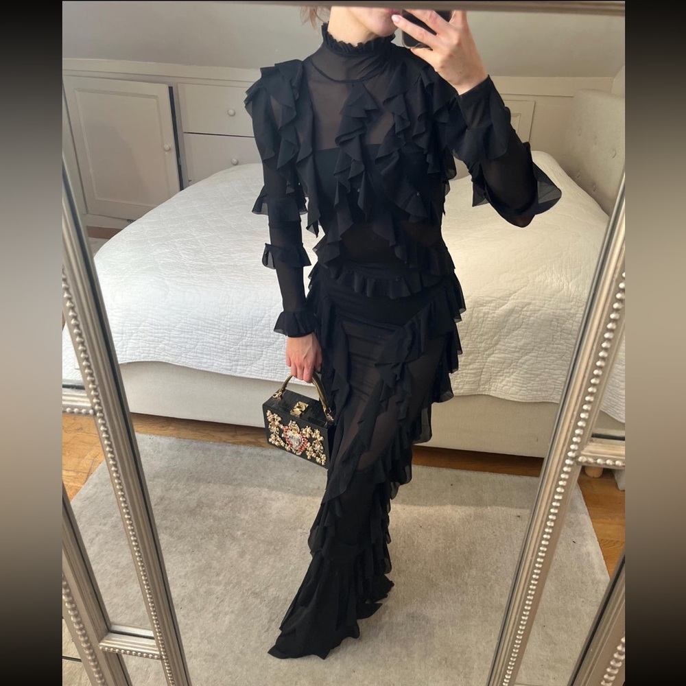Elegant Black Sheer Ruffle Dress